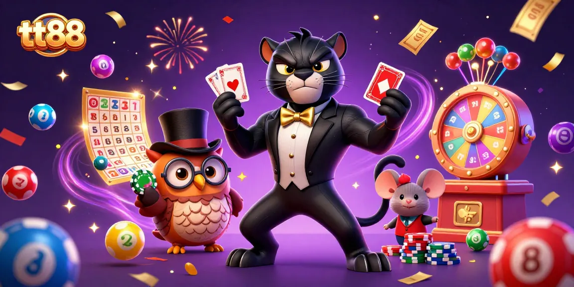 Experience the excitement of tt88 with a dynamic 3D scene featuring a stylish black panther dealer and festive gambling elements.
