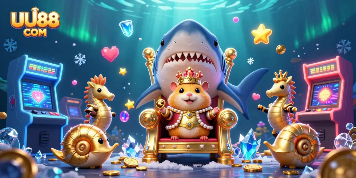 Experience the excitement of gaming with UU88 COM featuring a hamster king and arcade machines in a vividly illustrated scene.