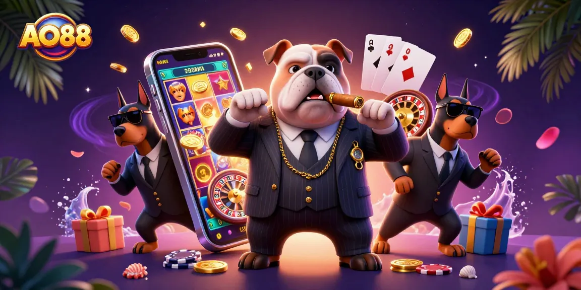 Spin to win with AO88: gangster bulldog boss and bodyguards showcasing exciting casino action.