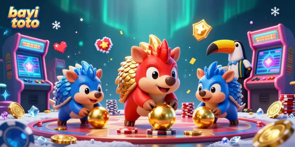 Rival pangolin beraksi di bayi toto dengan tumpukan poker chips dan mesin arcade berwarna-warni.