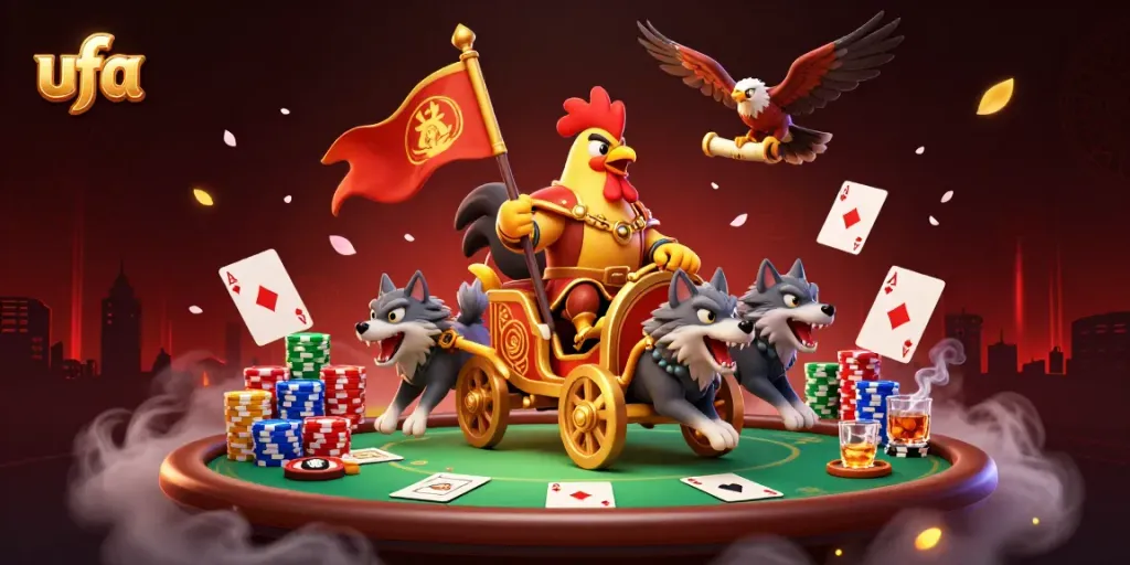 ภาพวาด 3D ของ UFA แสดงถึงวอริเออร์ไก่และการเล่นโป๊กเกอร์