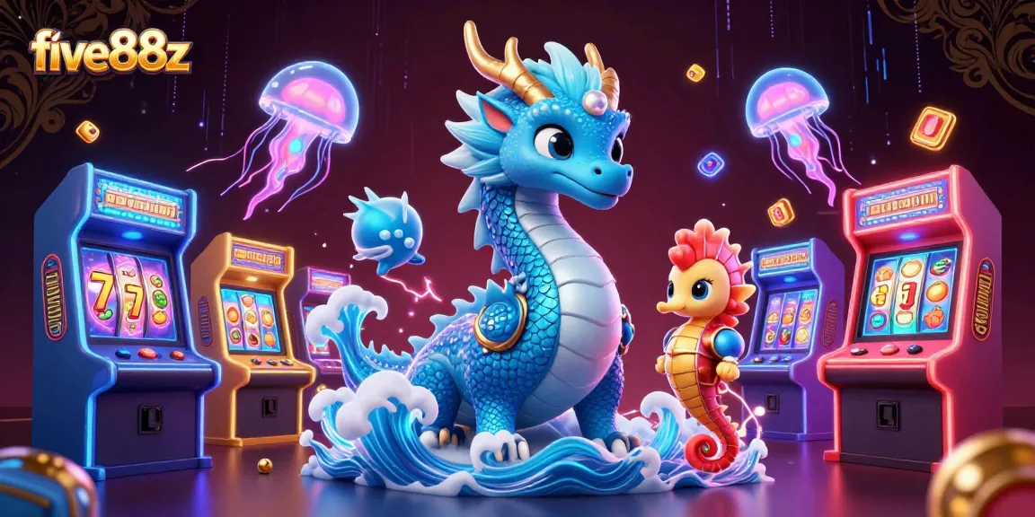 Experience the excitement of five88z with a vibrant 3D illustration featuring a dragon, seahorse knight, and arcade elements.