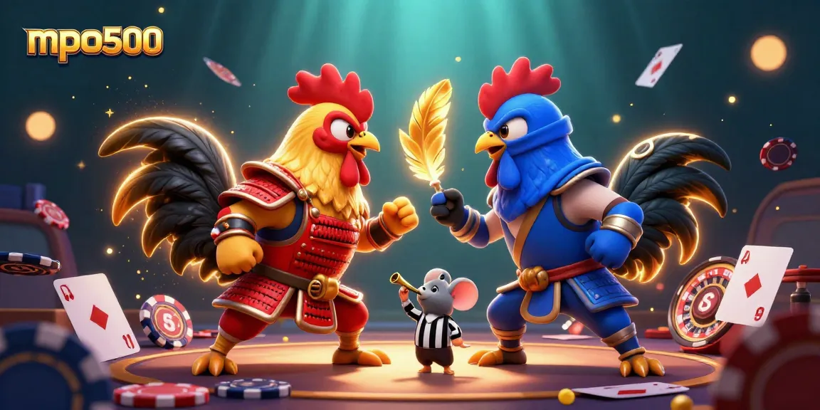 Engage with mpo500 casino action featuring animated roosters in a thrilling gambling scene.