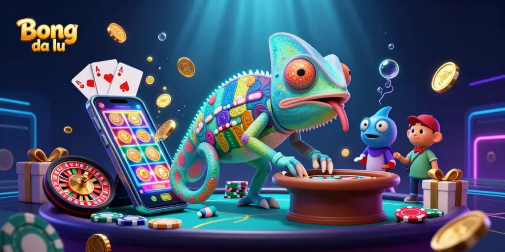Bong da lu showcases a colorful casino scene with a chameleon owner captivating golden coins and dynamic game elements.