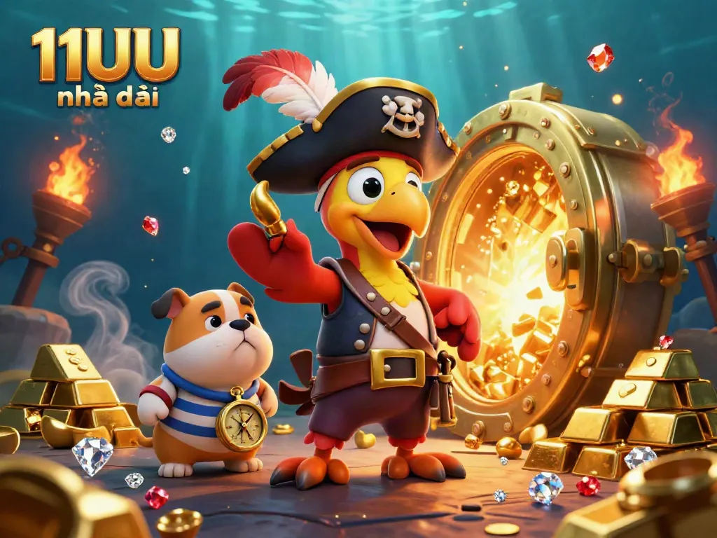 Experience the thrill of 11UU nhà cái as pirate-themed characters uncover treasures in this vibrant casino illustration.