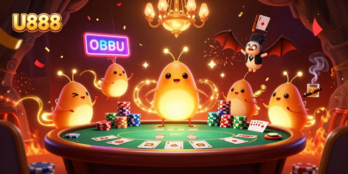 Experience the excitement of U888 with glowworms lighting a vibrant casino scene packed with poker action.