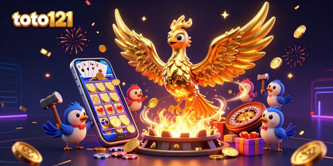 Engage with the dynamic gaming scene at toto121 featuring a molten gold phoenix and festive casino elements.