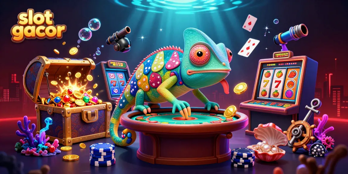Experience the thrill of slot gacor with a chameleon casino owner among vibrant game elements.
