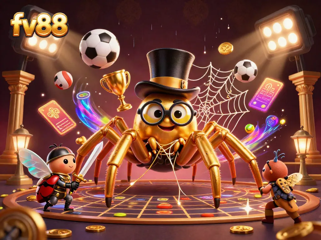 Experience thrilling betting action with fv88 as a golden tarantula spins its web amidst dynamic sports elements.