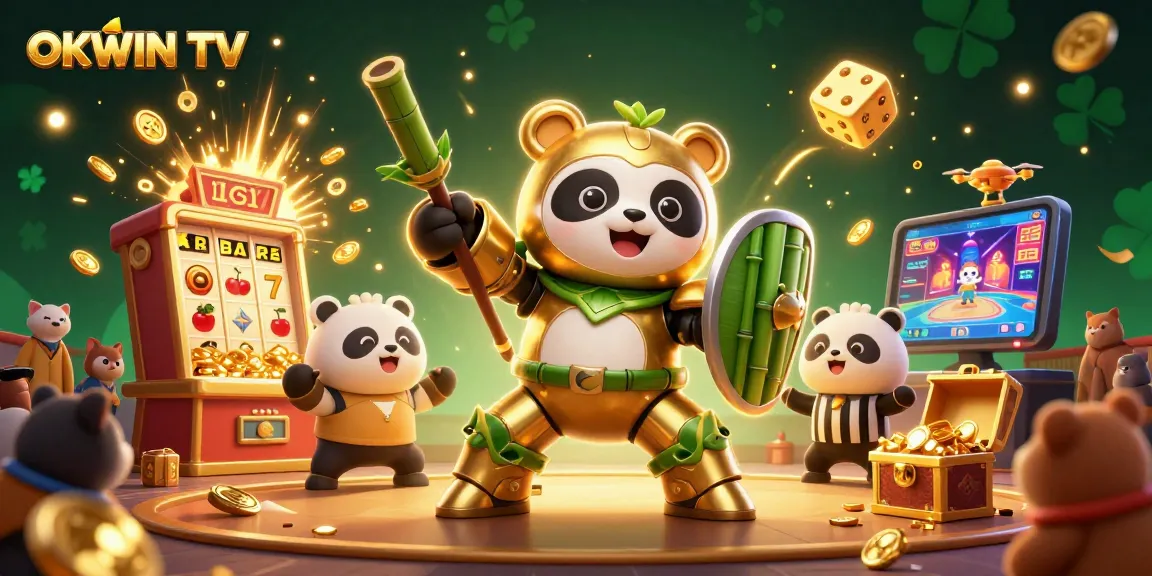 Engage in thrilling gaming moments with OKWIN TV, showcasing a dynamic 3D casino illustration.