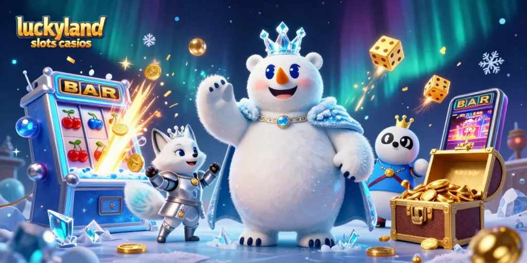 Engage with luckyland slots sister casinos featuring a vibrant 3D slot scene with characters and coins.