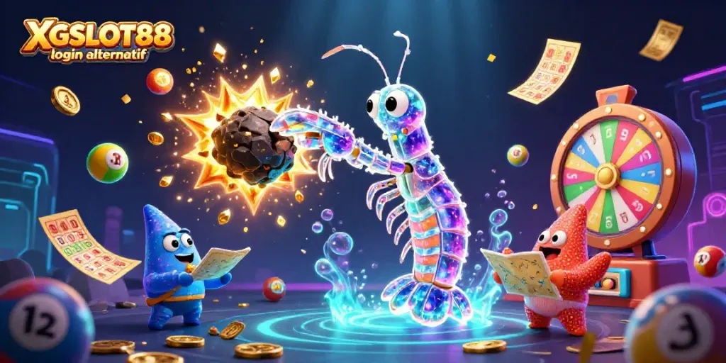 Ilustrasi XGSLOT88 login alternatif yang menggambarkan simbol keberuntungan dan elemen kasino dengan keceriaan warna.