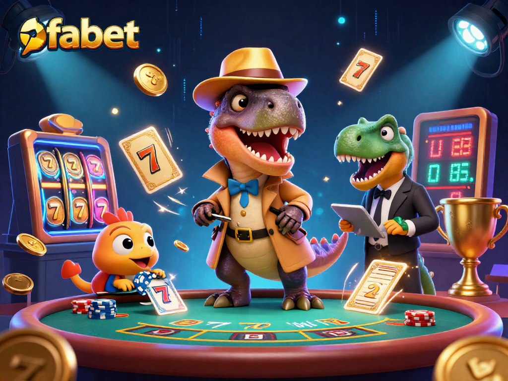 Watch the fabet velociraptor card counter stealthily at the blackjack table with casino elements swirling around.