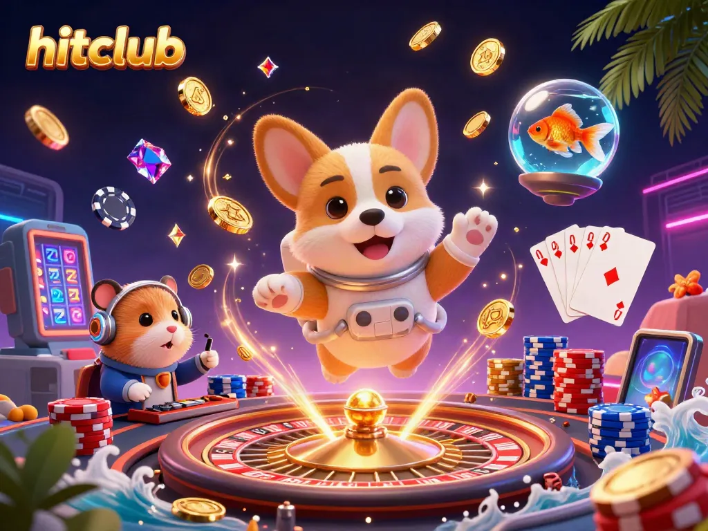 Hitclub features a floating corgi, golden coins, and gambling elements in a space casino scene.