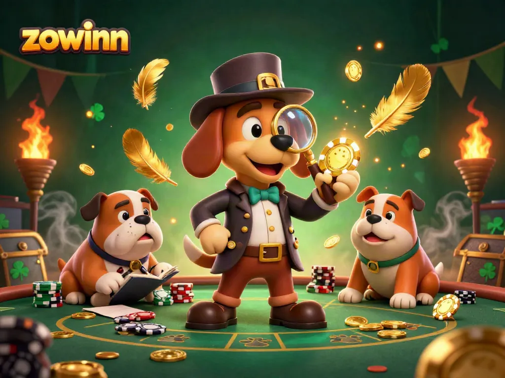 Engage with the thrilling gaming experience at zowinn as a detective investigates poker chip clues amidst vibrant casino elements.