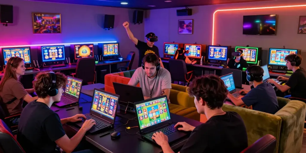 Players engaging with situs slot gacor games in a lively gaming lounge.