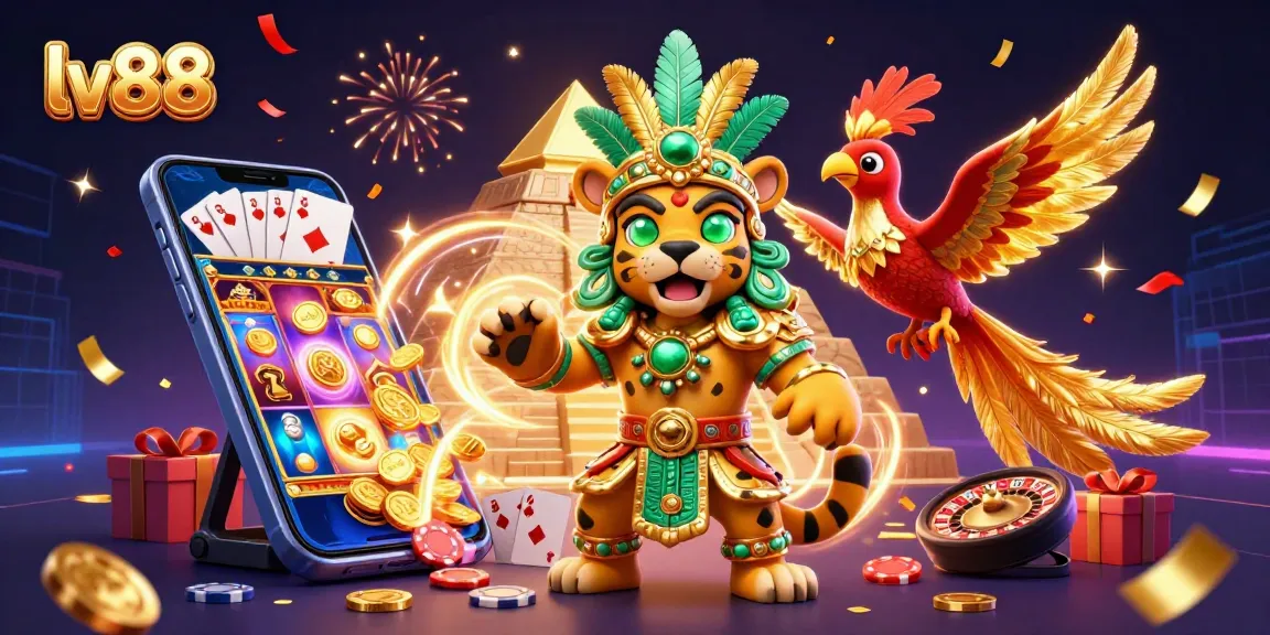Experience thrilling gameplay at lv88 with a colorful slot game, surrounded by charming characters and festive confetti.