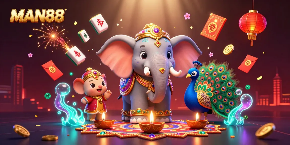 Engage in thrilling play at MAN88 with a vibrant 3D casino-themed fantasy illustration showcasing festive elements and dynamic lottery activities.