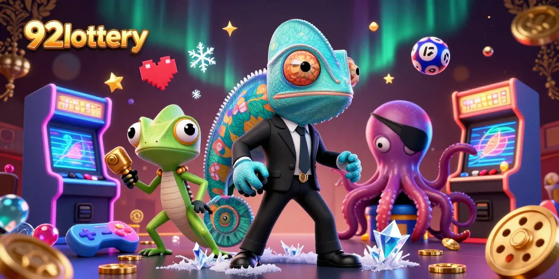 Engaging 3D illustration of 92lottery with chameleon agents and gaming elements, perfect for gamblers.