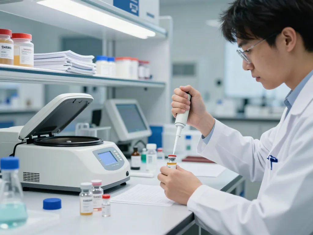 Researcher analyzing Swiss Chems peptides in a modern lab environment.