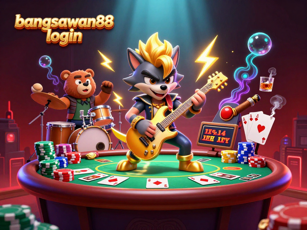 Engage with bangsawan88 login to explore a vibrant casino scene with rock star wolves and poker action.