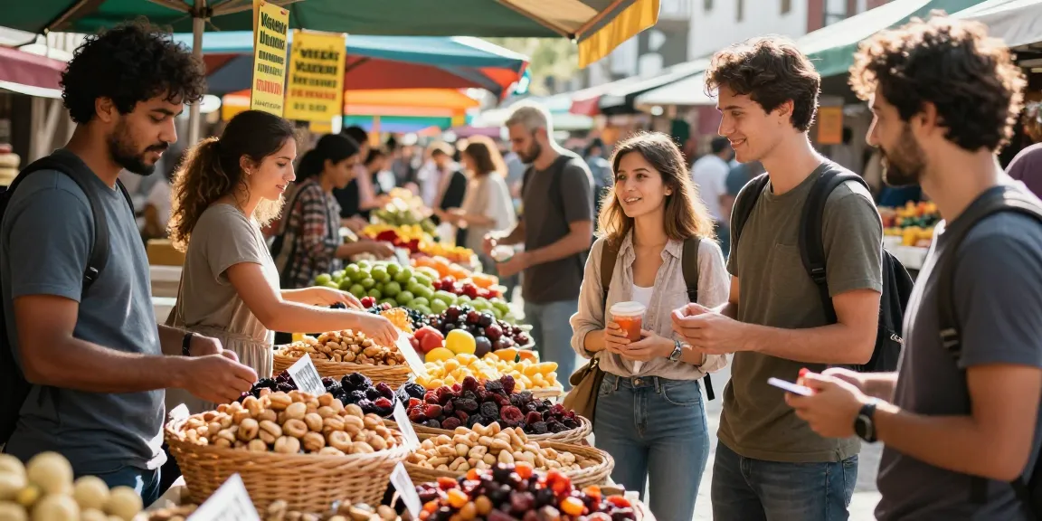 M98 สล็อตเว็บตรงไม่ผ่านเอเย่นต์ engaging shoppers in vibrant marketplace exploring fresh nuts and dried fruits.