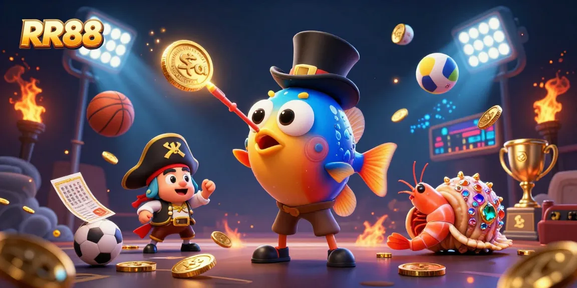 RR88 showcases a 3D deep-sea anglerfish attracting golden coins amidst dynamic sports elements.