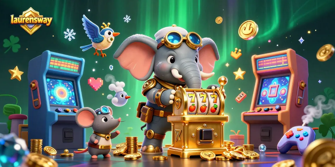 Engage with laurensway's vibrant steampunk casino world featuring colorful slot machines and animated characters.
