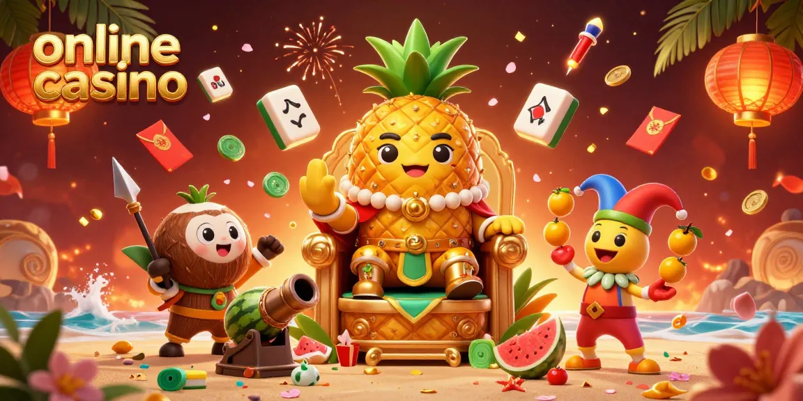 Vivi l'emozione del online casino con il re ananas e i suoi compagni di frutta in un'illustrazione vivace.