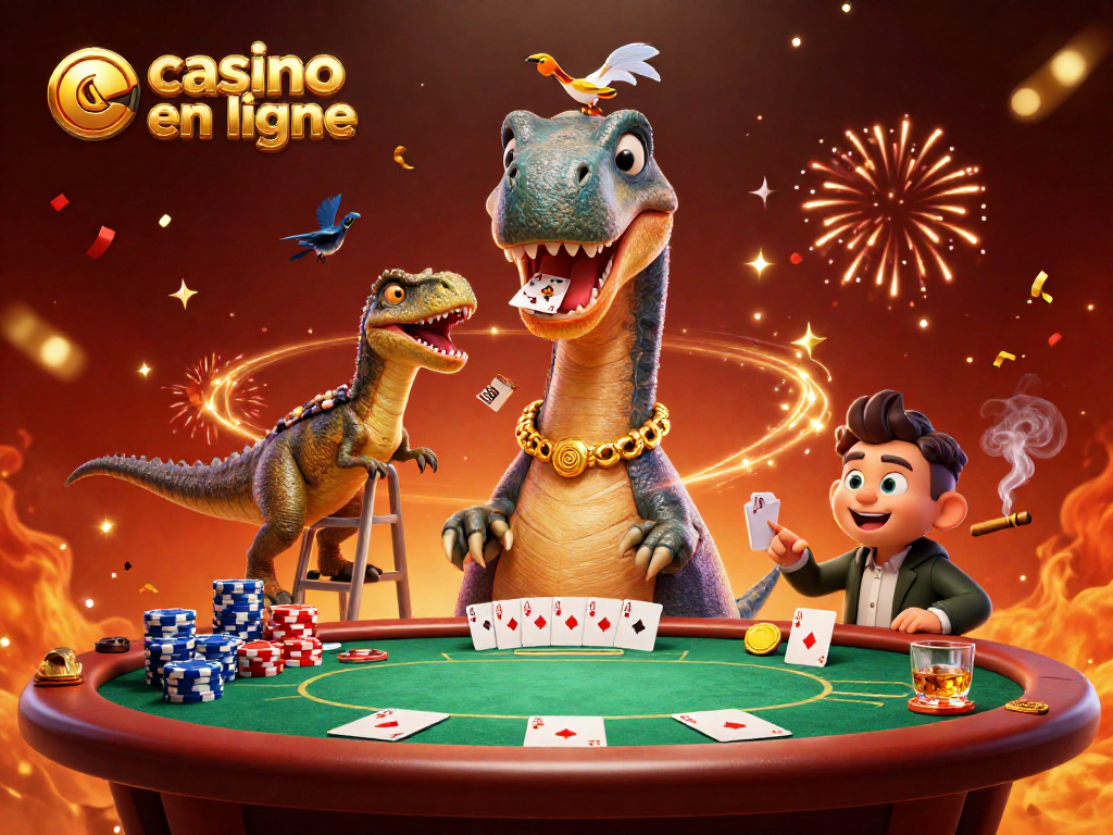 Plongez dans l'univers du casino en ligne avec un brontosaurus géant au-dessus d'une table de poker animée.
