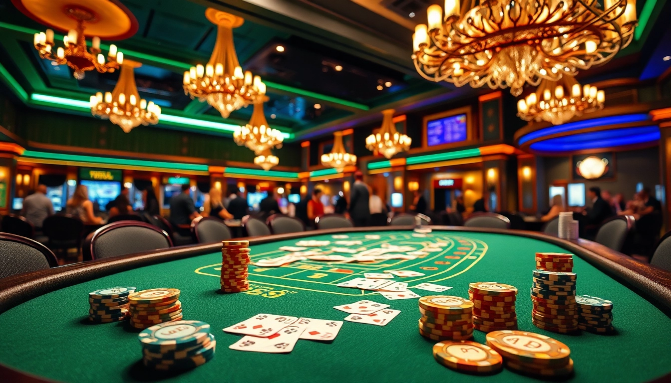 Emasputihtoto memancarkan suasana casino yang mewah dengan meja permainan yang elegan.