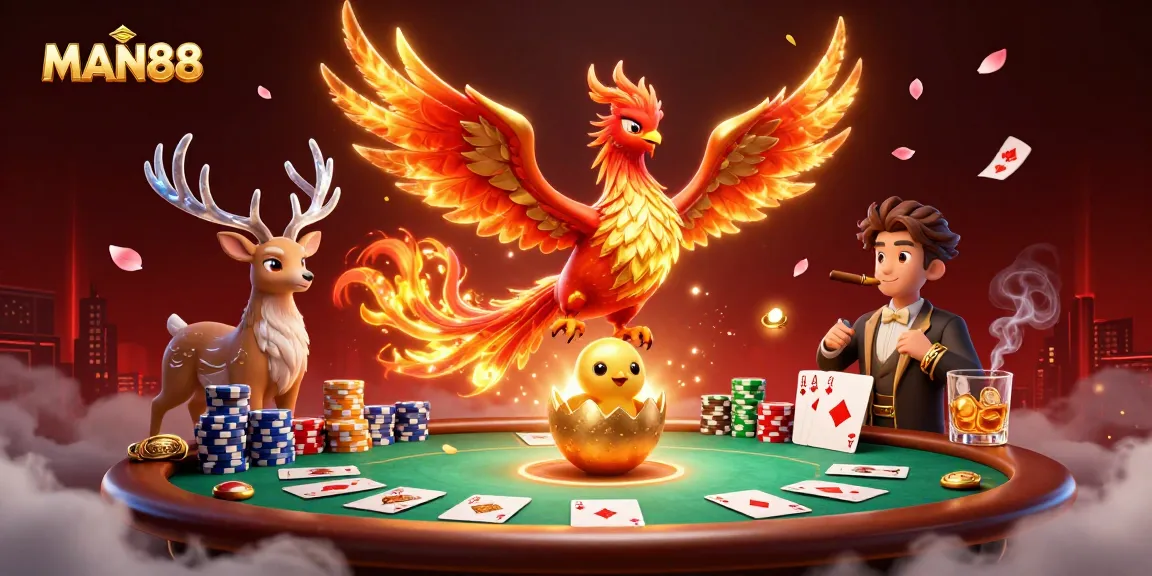 Experience thrilling gaming action with MAN88 featuring a majestic phoenix and poker elements.