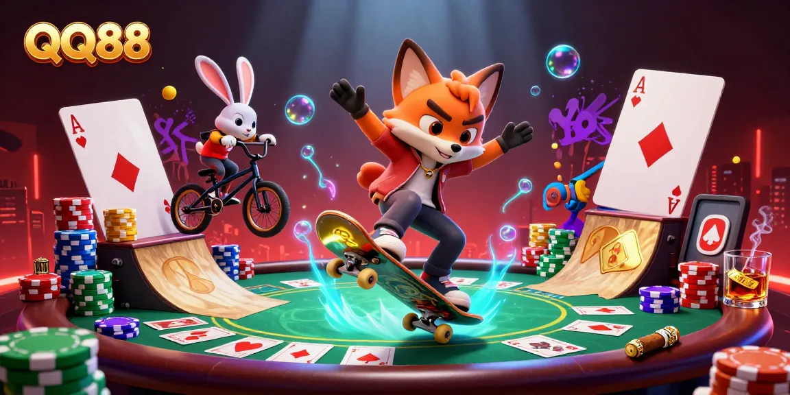Experience the thrill of QQ88 with a vibrant casino-themed illustration highlighting gaming elements.