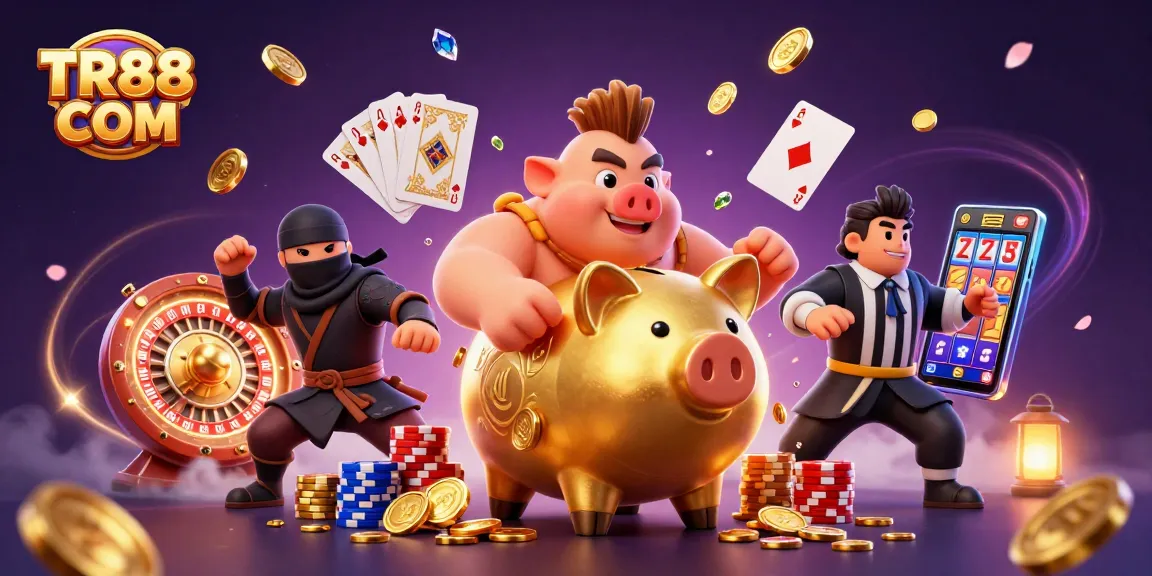 Experience jackpots at TR88 COM with a dynamic showdown featuring a golden piggy bank sumo wrestler and casino action.