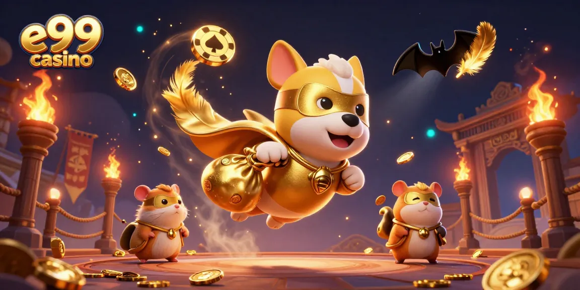Experience the excitement of e99 casino with a superhero dog and hamster in action among dynamic gaming elements.