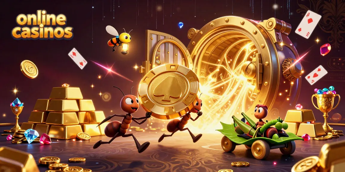 Engaging scene of online casinos with ants carrying a gigantic poker chip, dynamic heist elements.