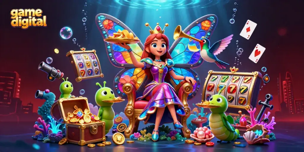 Experience the vibrant world of game digital with a butterfly queen in a dynamic casino scene.