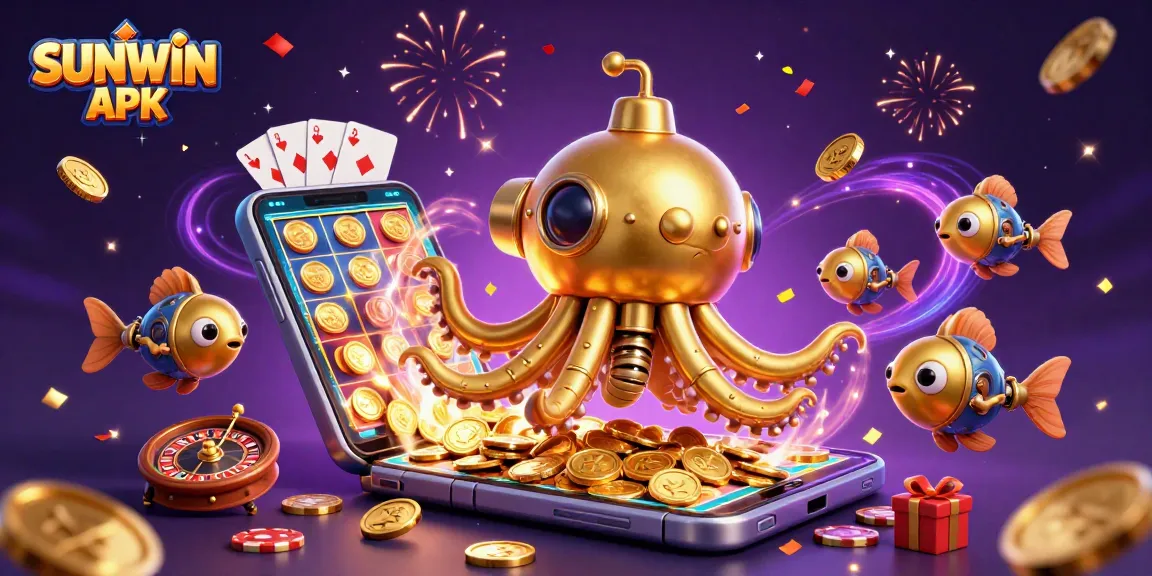 Experience the excitement of SUNWIN APK with a vibrant casino scene featuring a golden kraken and slot games.