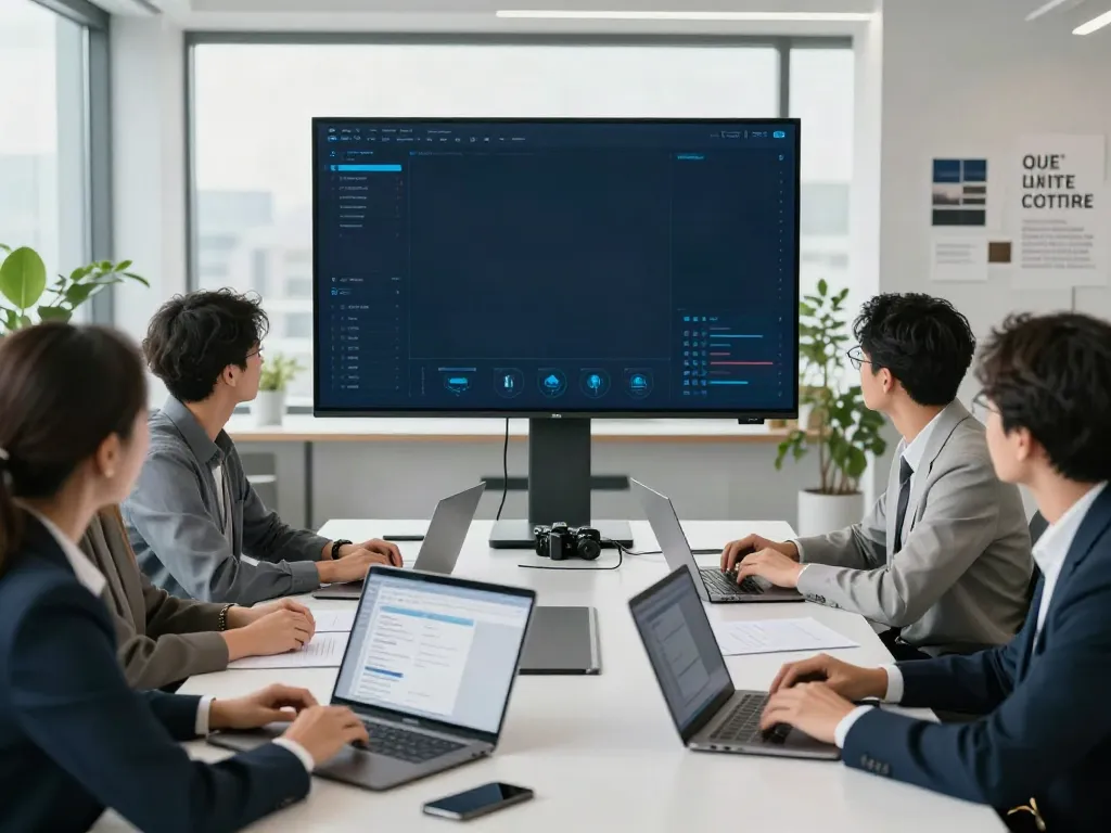 Deepfake protected meetings in a secure corporate setting with professionals collaborating around modern technology.