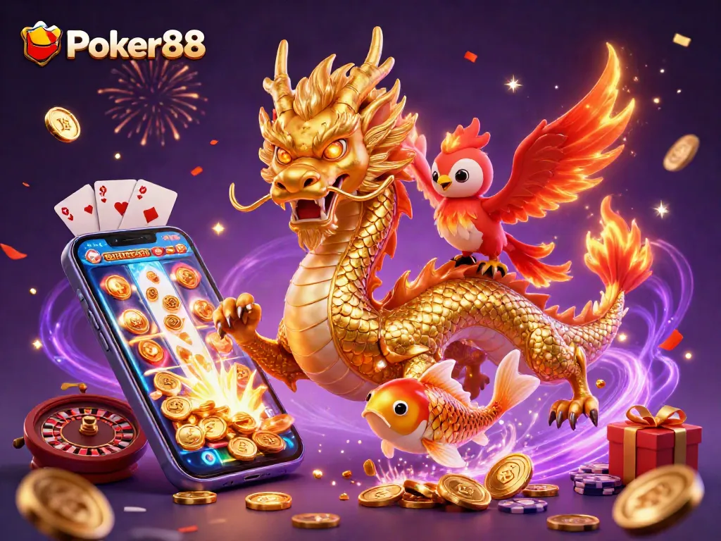 Spin to win big with Poker88's vibrant 3D illustration of dragons and casino elements.
