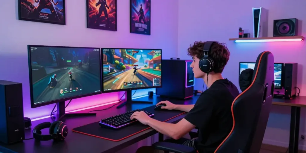 Người chơi game trẻ tuổi đang thả mình trong thế giới chơi game trực tuyến trên nền tảng vvwin.