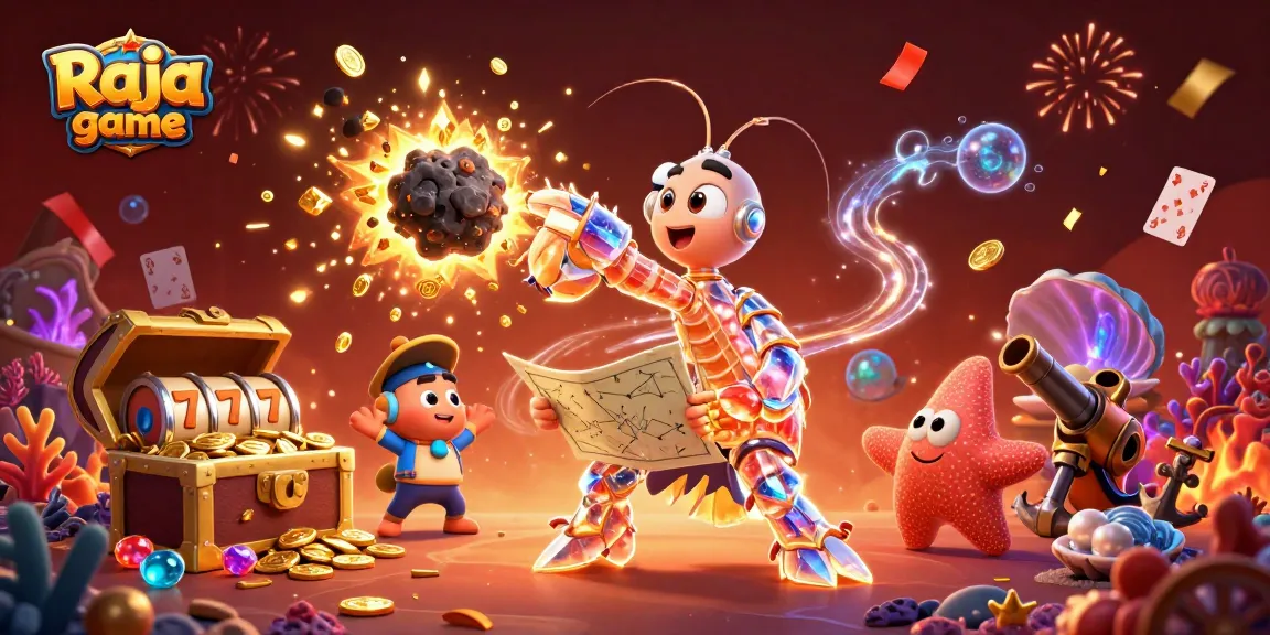 Experience thrilling Raja game action with vibrant visuals of a galactic shrimp and slot reels!