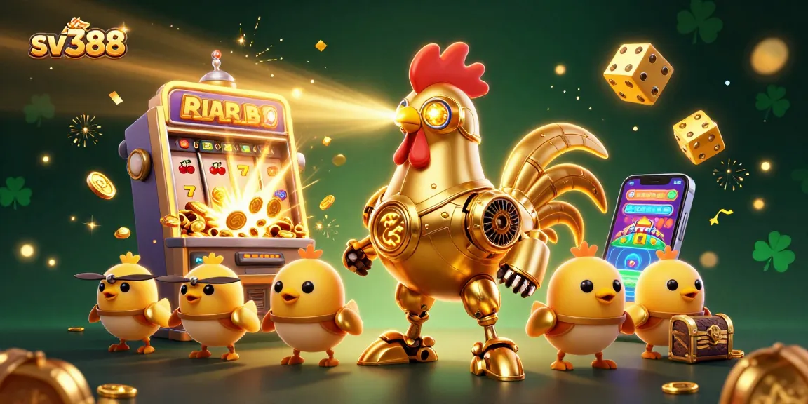 Witness sv388 soar with golden rooster robots and chicks amidst dazzling casino elements and jackpots.