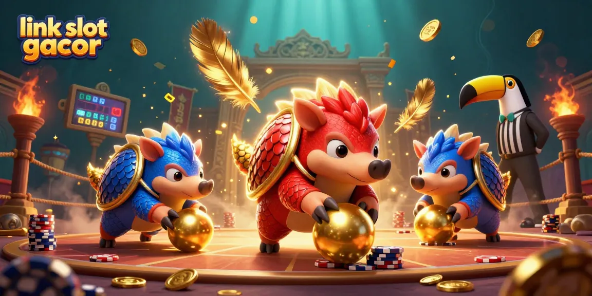 Menghadirkan link slot gacor dengan pangolins berpakaian pelindung berwarna cerah, berinteraksi di arena yang megah.