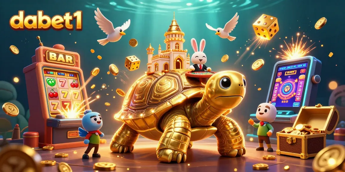 dabet1 casino illustration featuring a golden tortoise and rabbit dealer amidst slot games and jackpots.