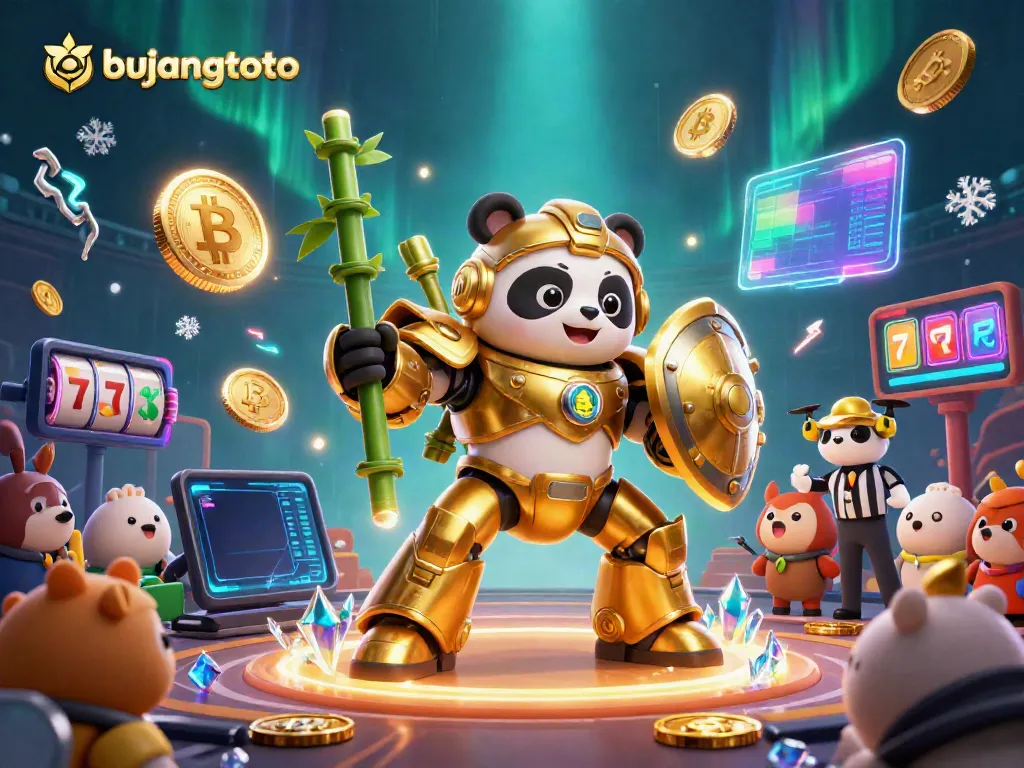 Bujangtoto gaming scene with a mech-suit panda and vibrant slot elements, emphasizing jackpot excitement.