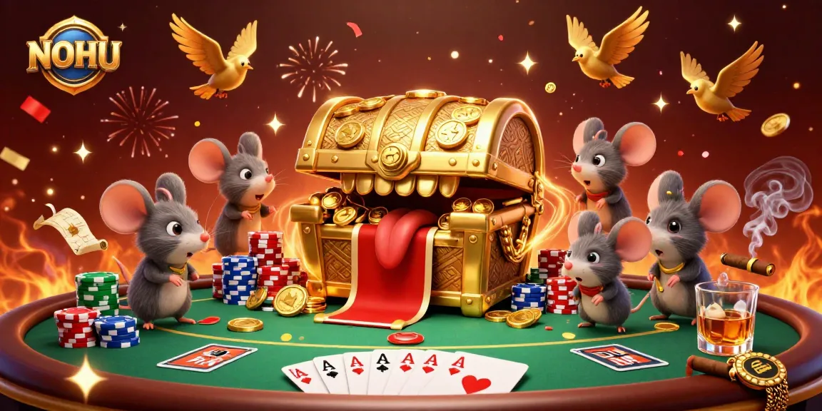 Engage with the vibrant NOHU casino scene featuring a treasure chest, chips, and poker action.