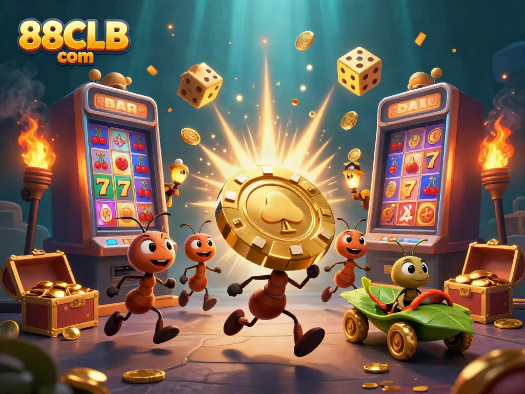 Experience the excitement of 88CLB com with ants and a grasshopper in a colorful casino heist scene.