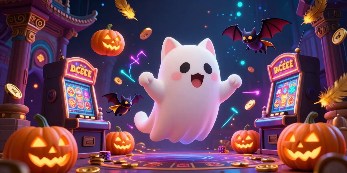Experience mpo500 with a ghost cat navigating a haunted casino, surrounded by slot machines and glowing jack-o-lanterns.