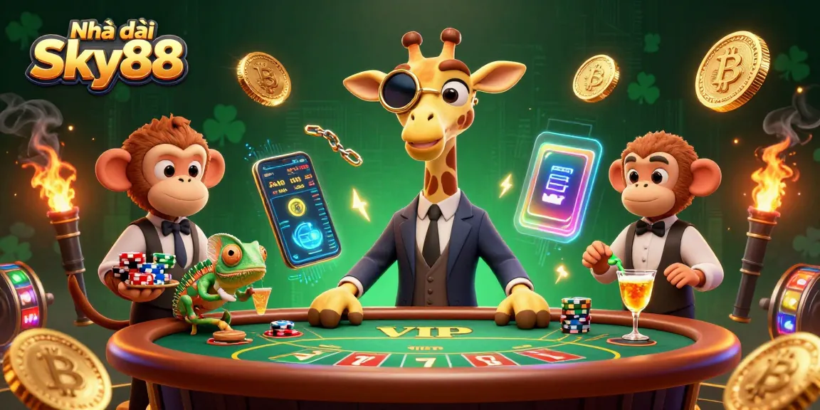 Experience the vibrant energy of Nhà cái Sky88 through a high-roller giraffe at a VIP poker table.